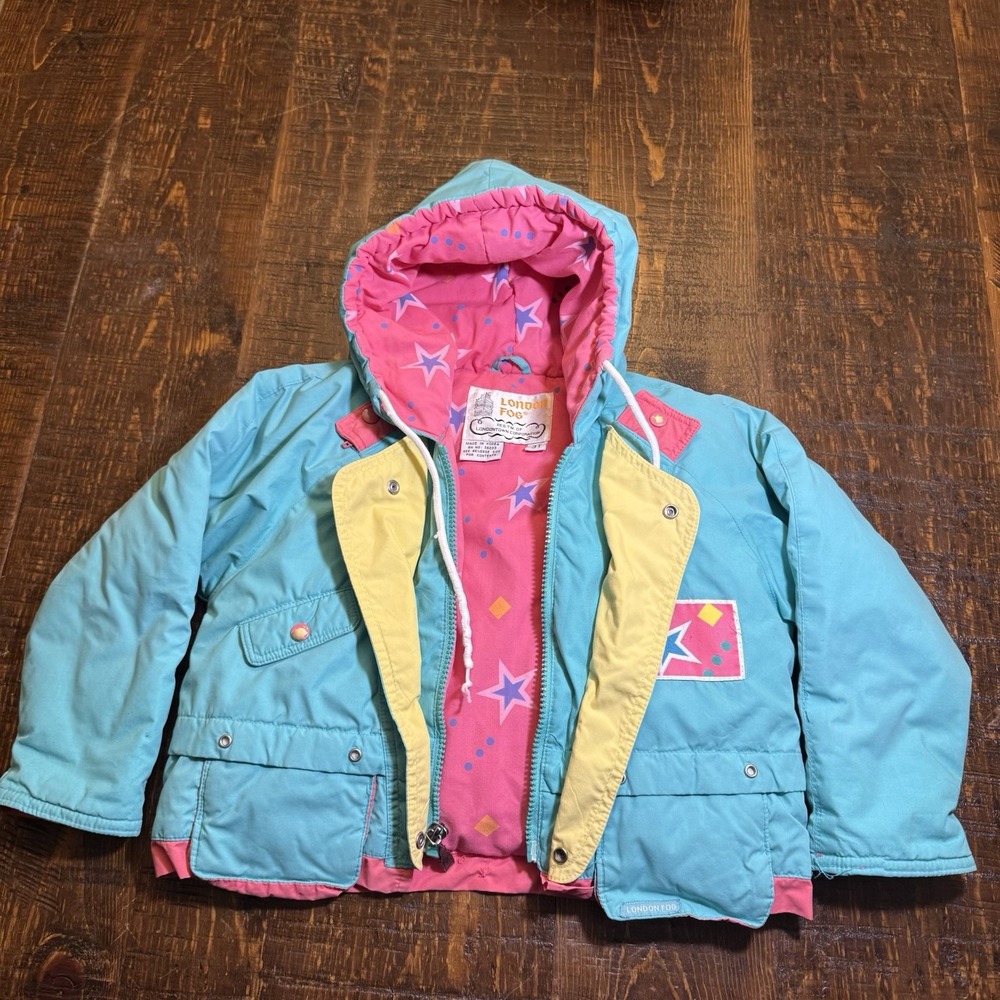 Vintage London Fog Kids 3T Colorblock Ski Jacket 80s 90'sTeal Pink Yellow Retro!